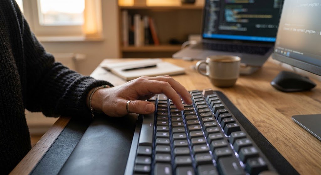 Hands typing on a mechanical keyboard at a desk with code on a laptop screen